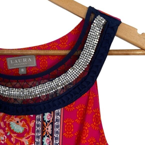 Laura petite dress beaded silver collar sleeveless pink red navy blue size 8 - Picture 4 of 7